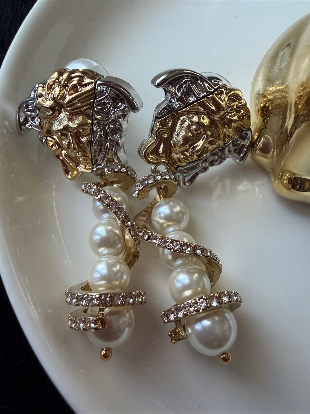 Versace Two-Tone Medusa Pearl Drop Earrings with Crystal Spirals
